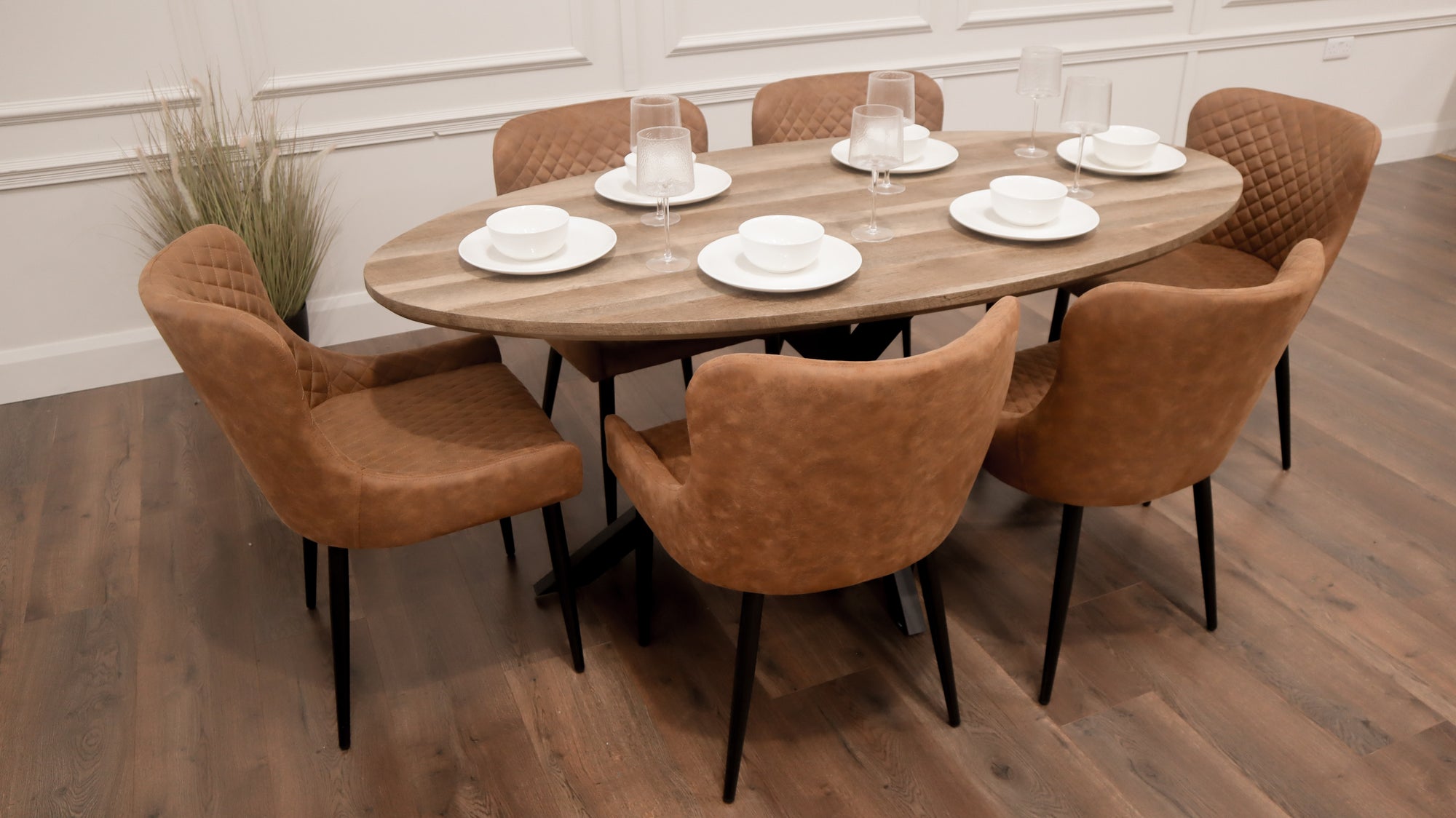 Epsom Rustic Oak 1.8m Oval + 6 Diamond Tan Suede