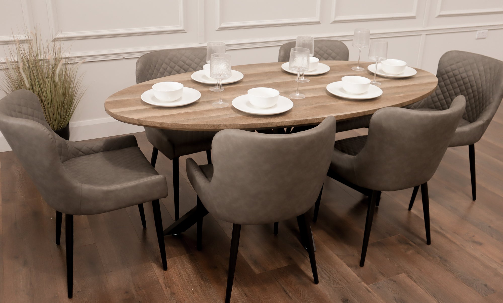 Epsom Rustic Oak 1.8m Oval + 6 Diamond Grey PU