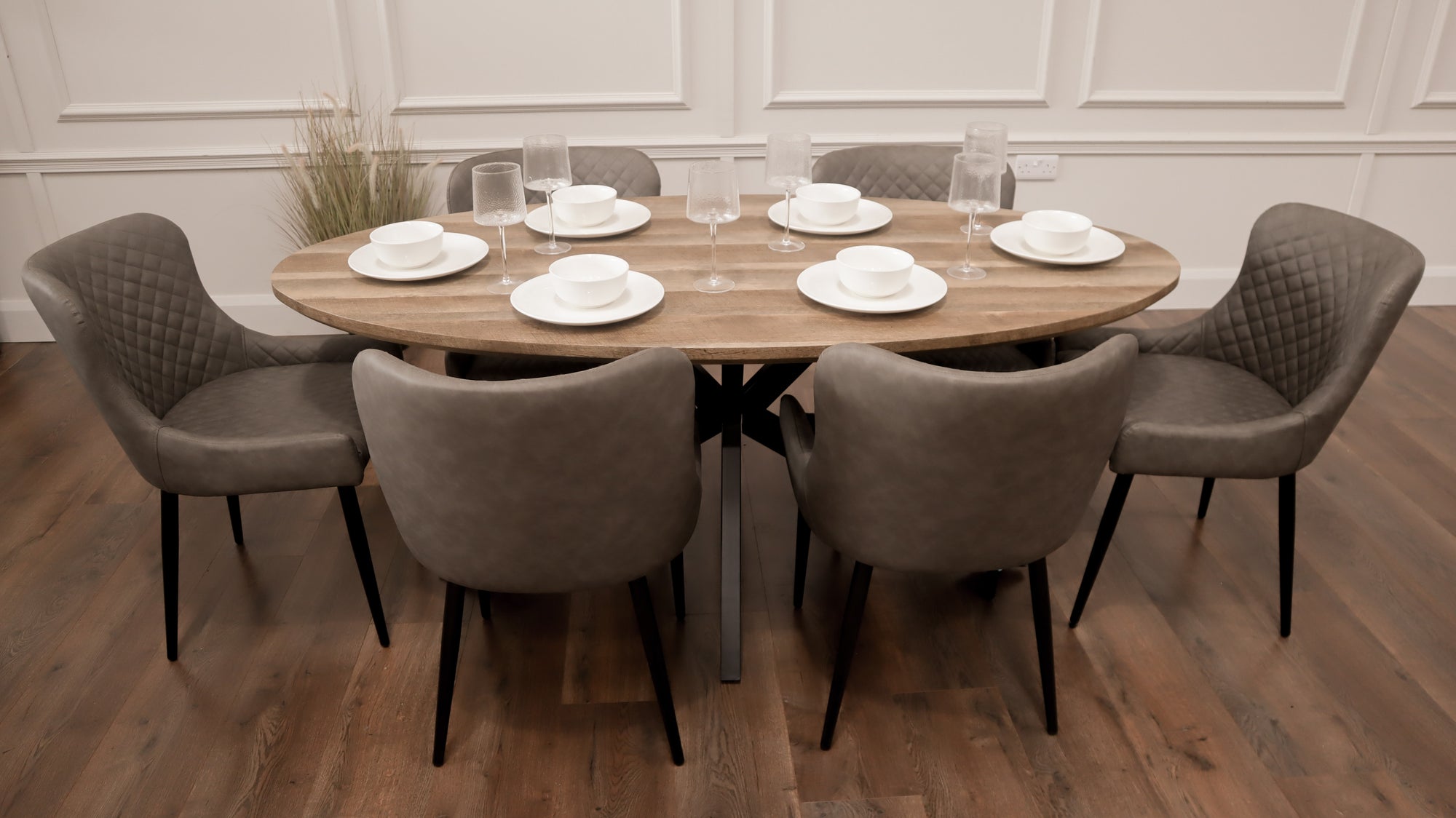 Epsom Rustic Oak 1.8m Oval + 6 Diamond Grey PU