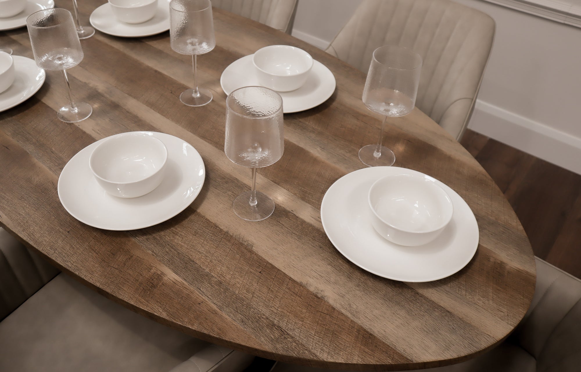 Epsom Rustic Oak 1.8m Oval + 6 Diamond Tan Suede
