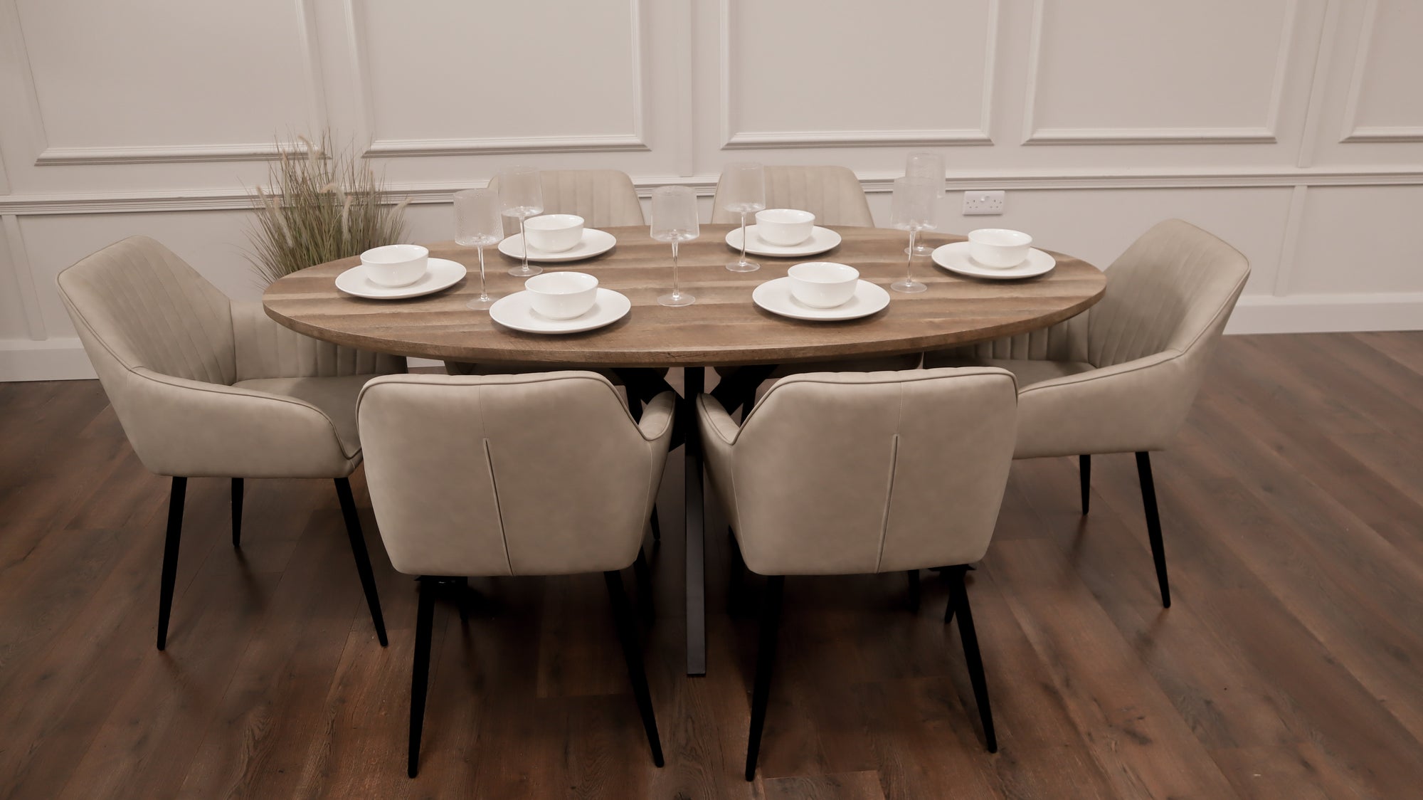 Epsom Rustic Oak 1.8m Oval + 6 EZ Chairs Taupe PU