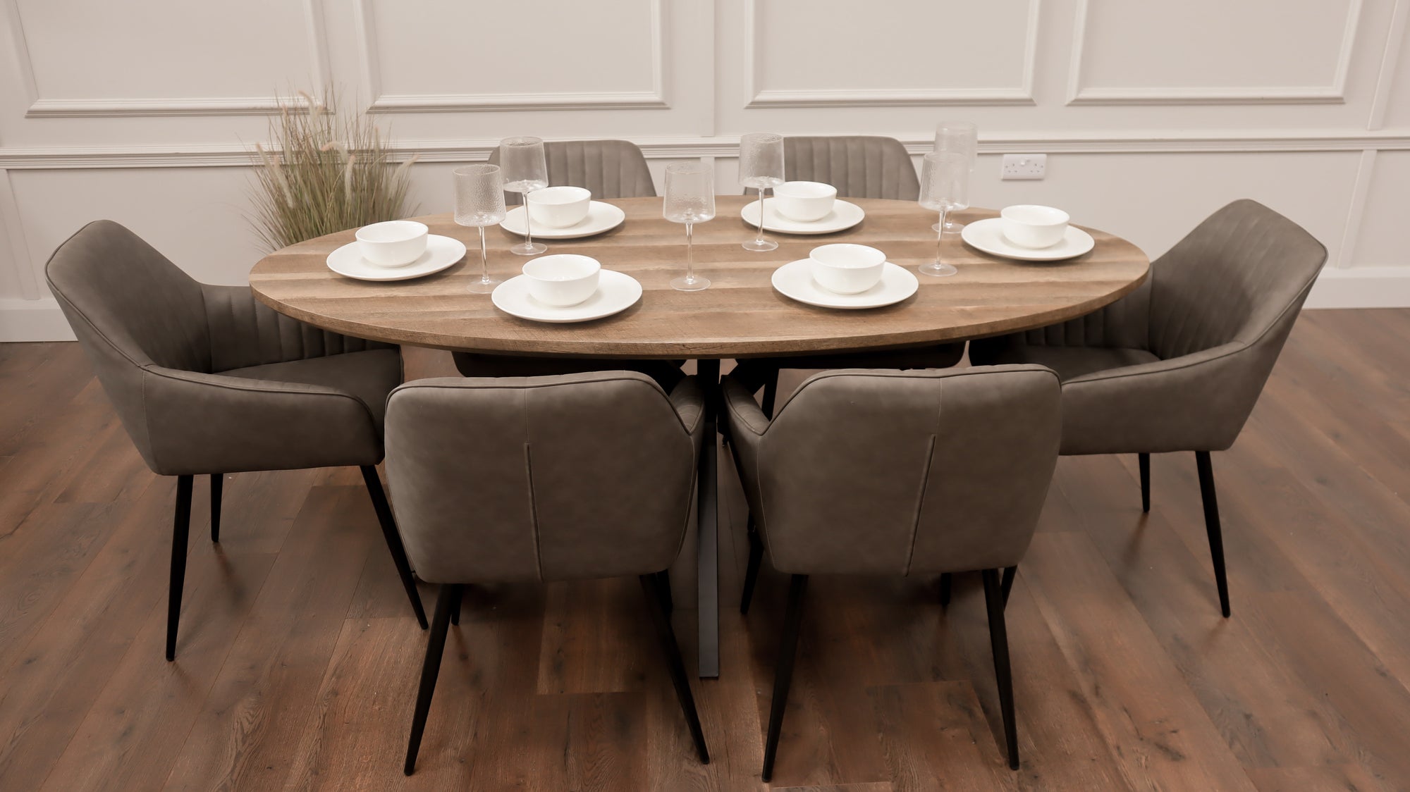 Epsom Rustic Oak 1.8m Oval + 6 EZ Grey PU