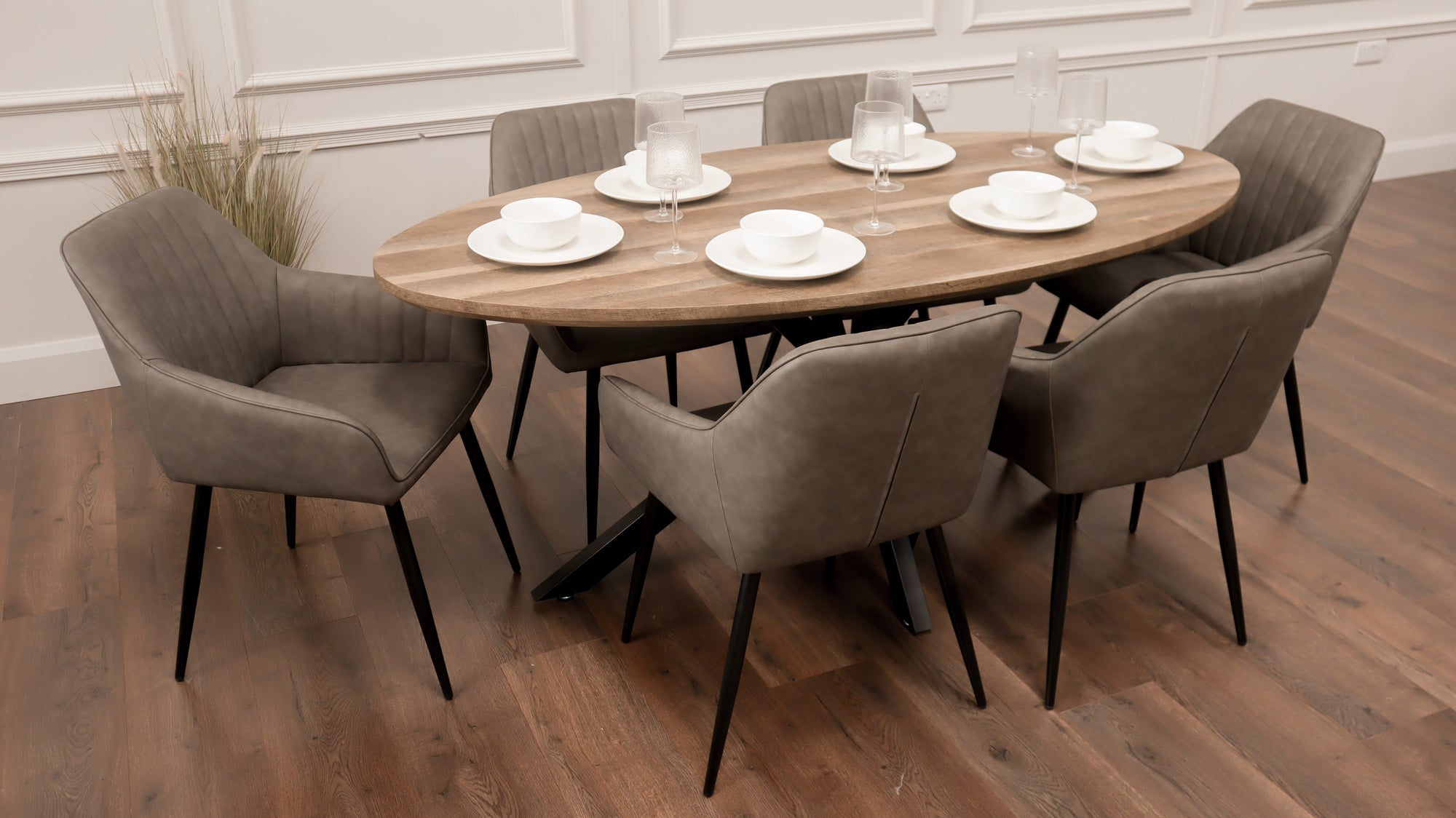 Epsom Rustic Oak 1.8m Oval + 6 EZ Grey PU