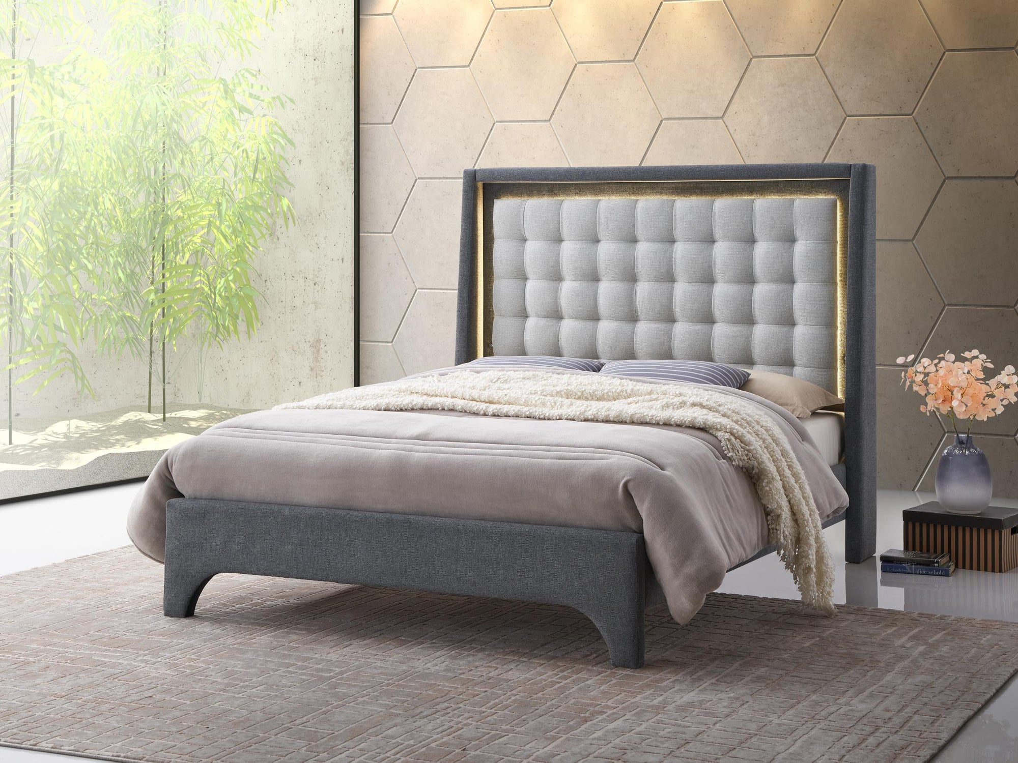 Lucy   Bed King - Two Tone Grey Fabric