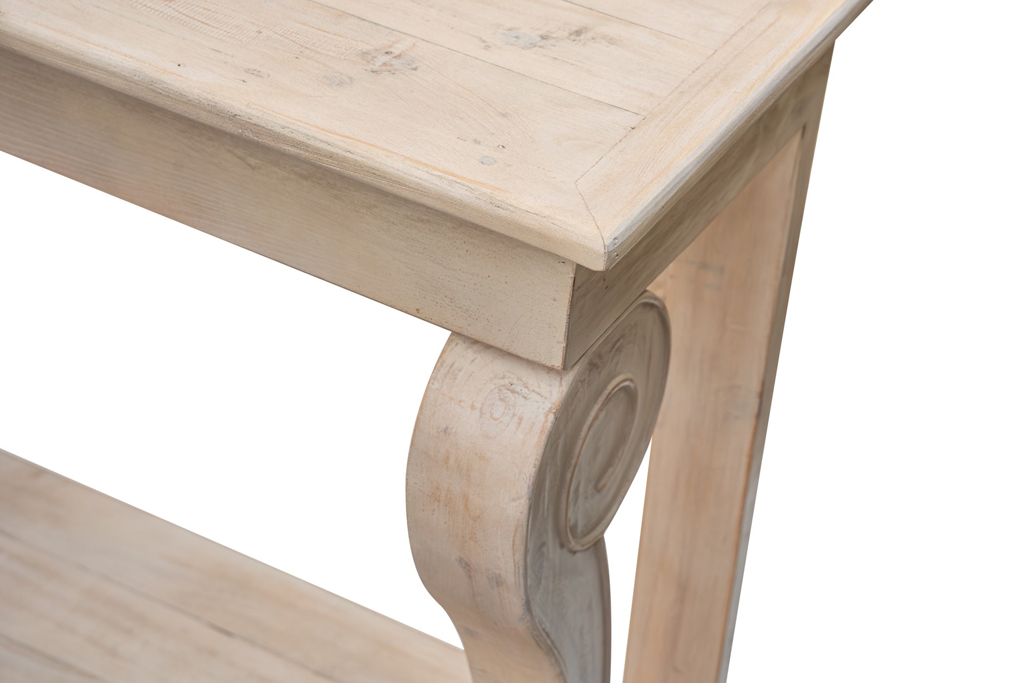 Montclair Scroll Console Table – Reclaimed Wood, Whitewash