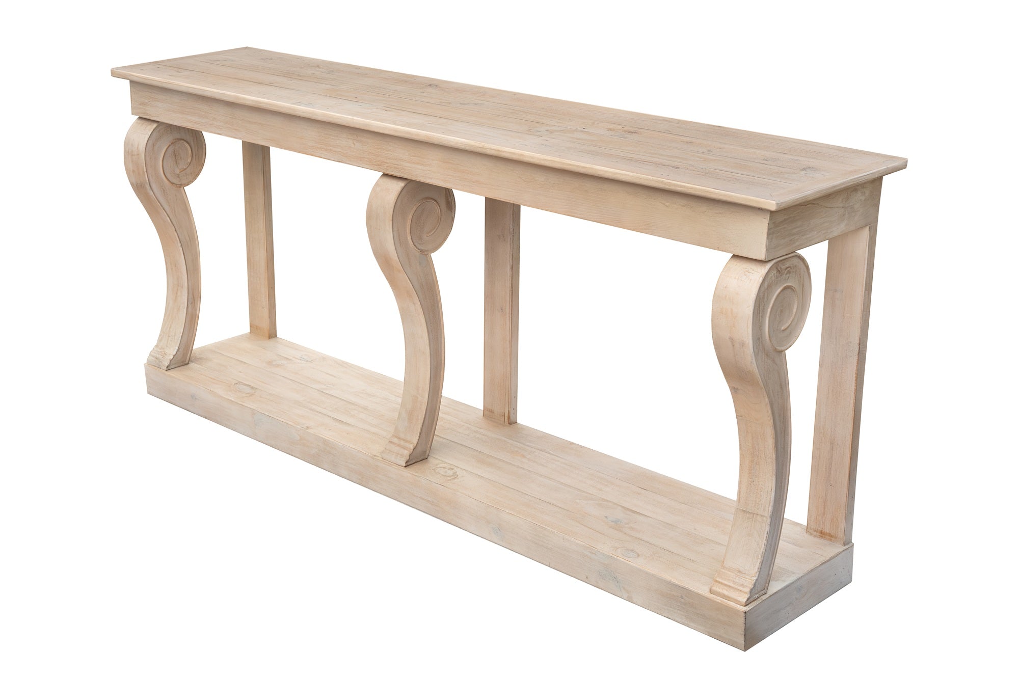 Montclair Scroll Console Table – Reclaimed Wood, Whitewash