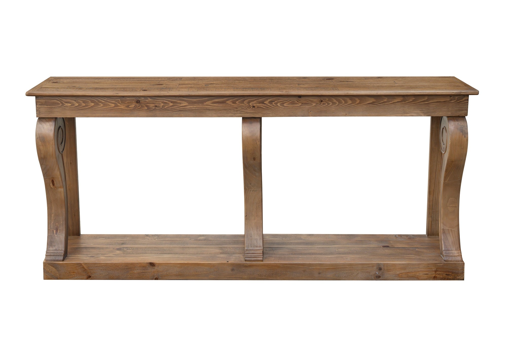 Montclair Scroll Console Table – Reclaimed Wood, Cashew Oak