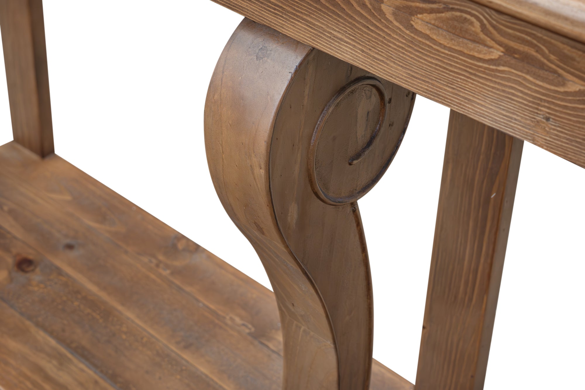 Montclair Scroll Console Table – Reclaimed Wood, Cashew Oak