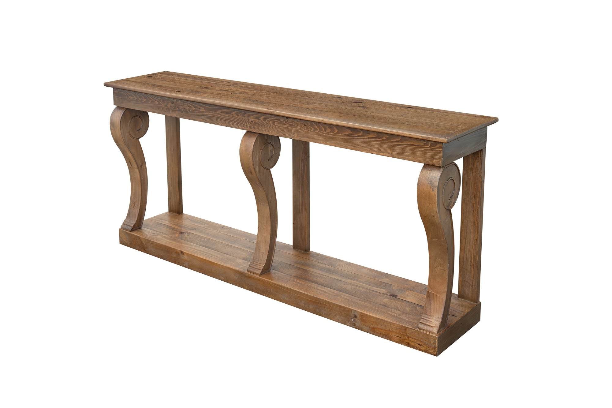 Montclair Scroll Console Table – Reclaimed Wood, Cashew Oak