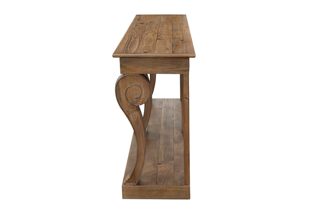 Montclair Scroll Console Table – Reclaimed Wood, Cashew Oak