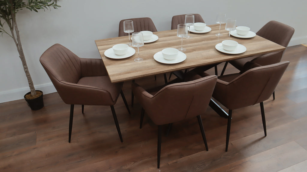Epsom Rustic Oak 1.6m + 6 EZ Brown PU Chairs