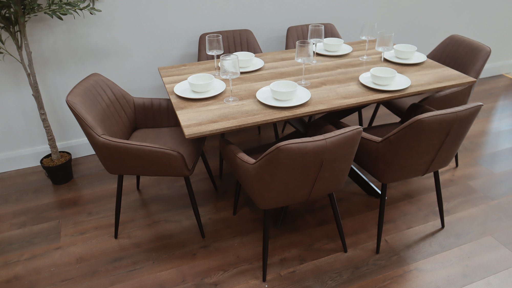 Epsom Rustic Oak 1.6m + 6 EZ Brown PU Chairs