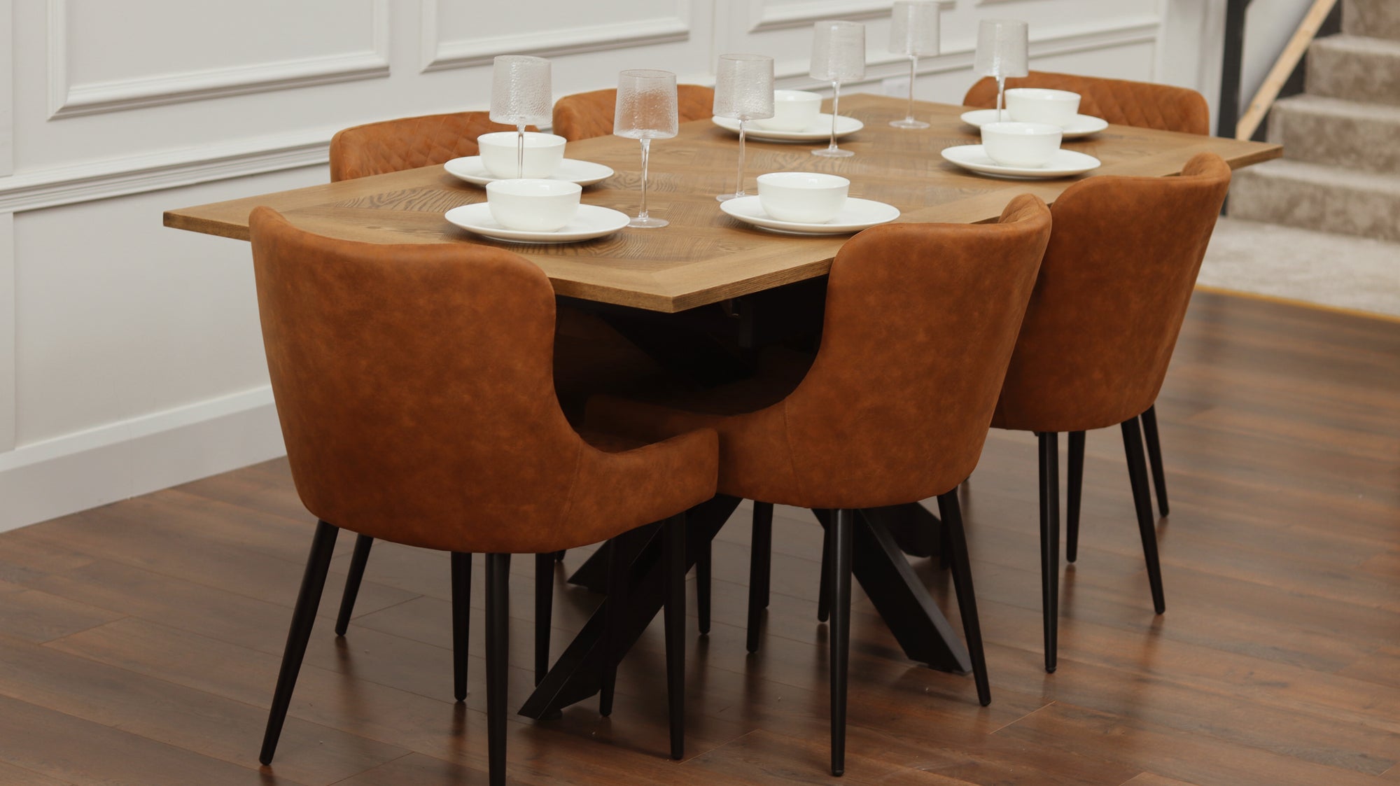 Peyton 1.6m/2m + 6 Diamond Tan Suede Chairs