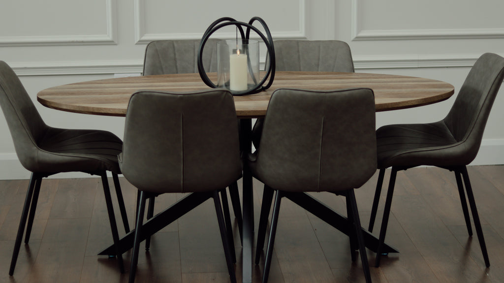 Epsom Rustic Oak 1.8m Oval + 6 Tilly Chairs Grey PU
