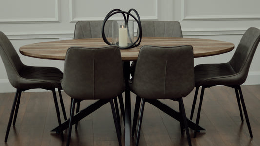 Epsom Rustic Oak 1.8m Oval + 6 Tilly Chairs Grey PU