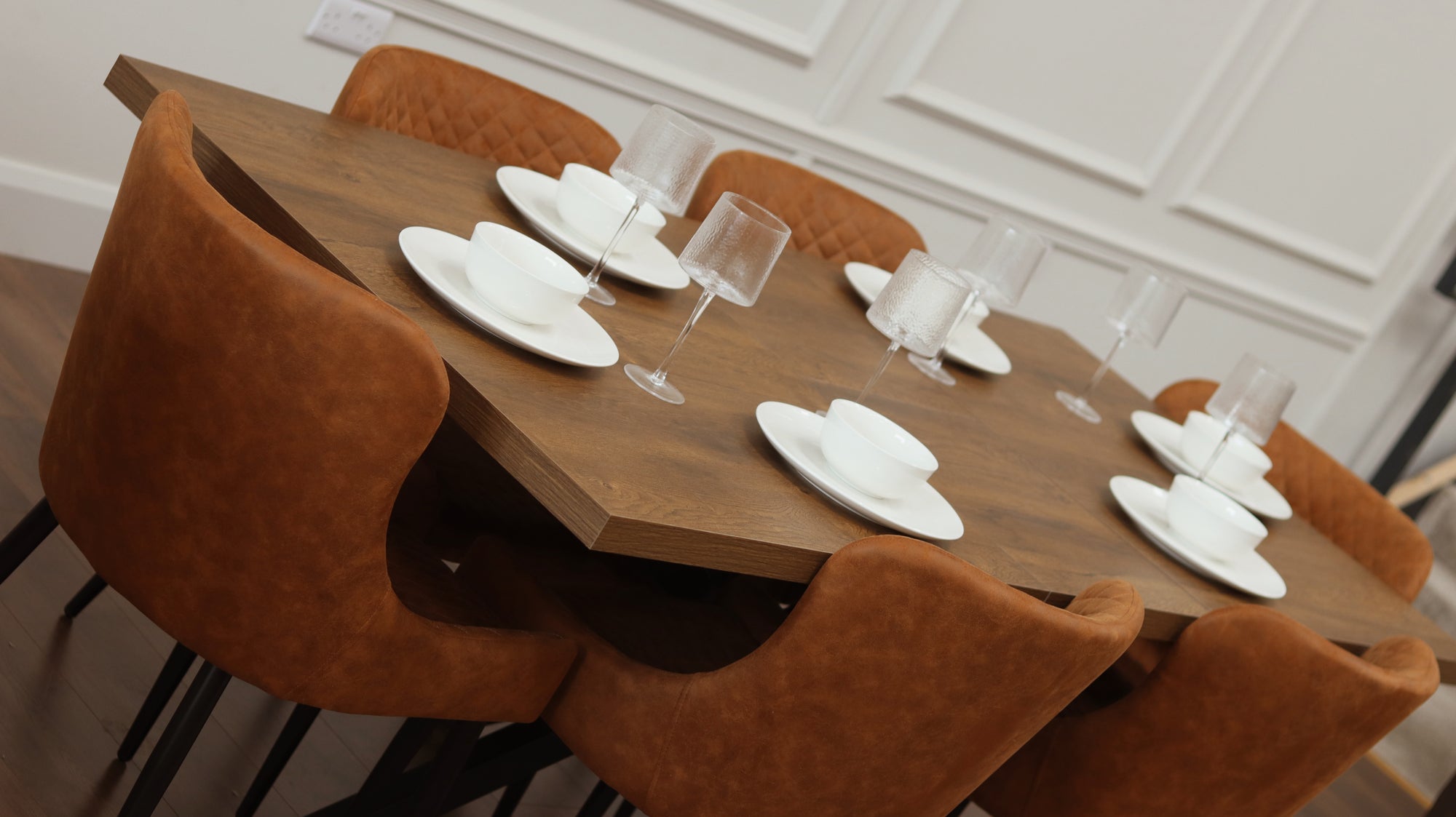 Pan Dark 1.6m/2m + 6 Diamond Tan SuedeChairs