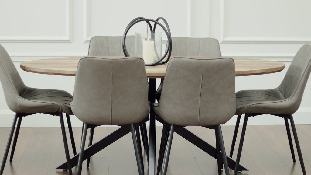 Epsom Rustic Oak 1.8m Oval + 6 Tilly Chairs Grey PU