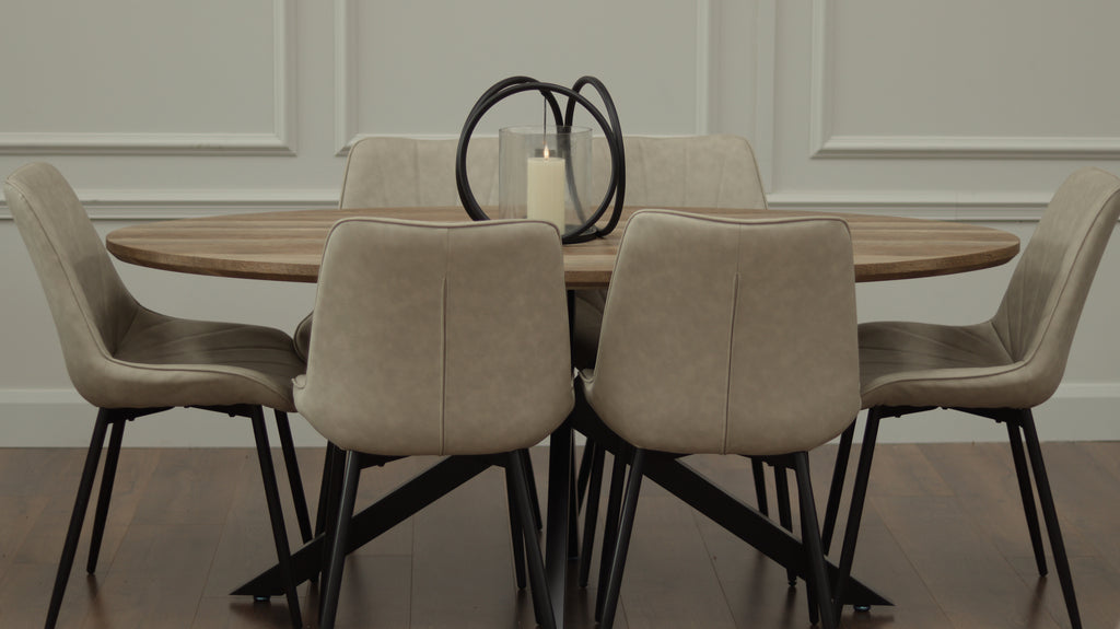 Epsom Rustic Oak 1.8m Oval + 6 Tilly Chairs Taupe PU