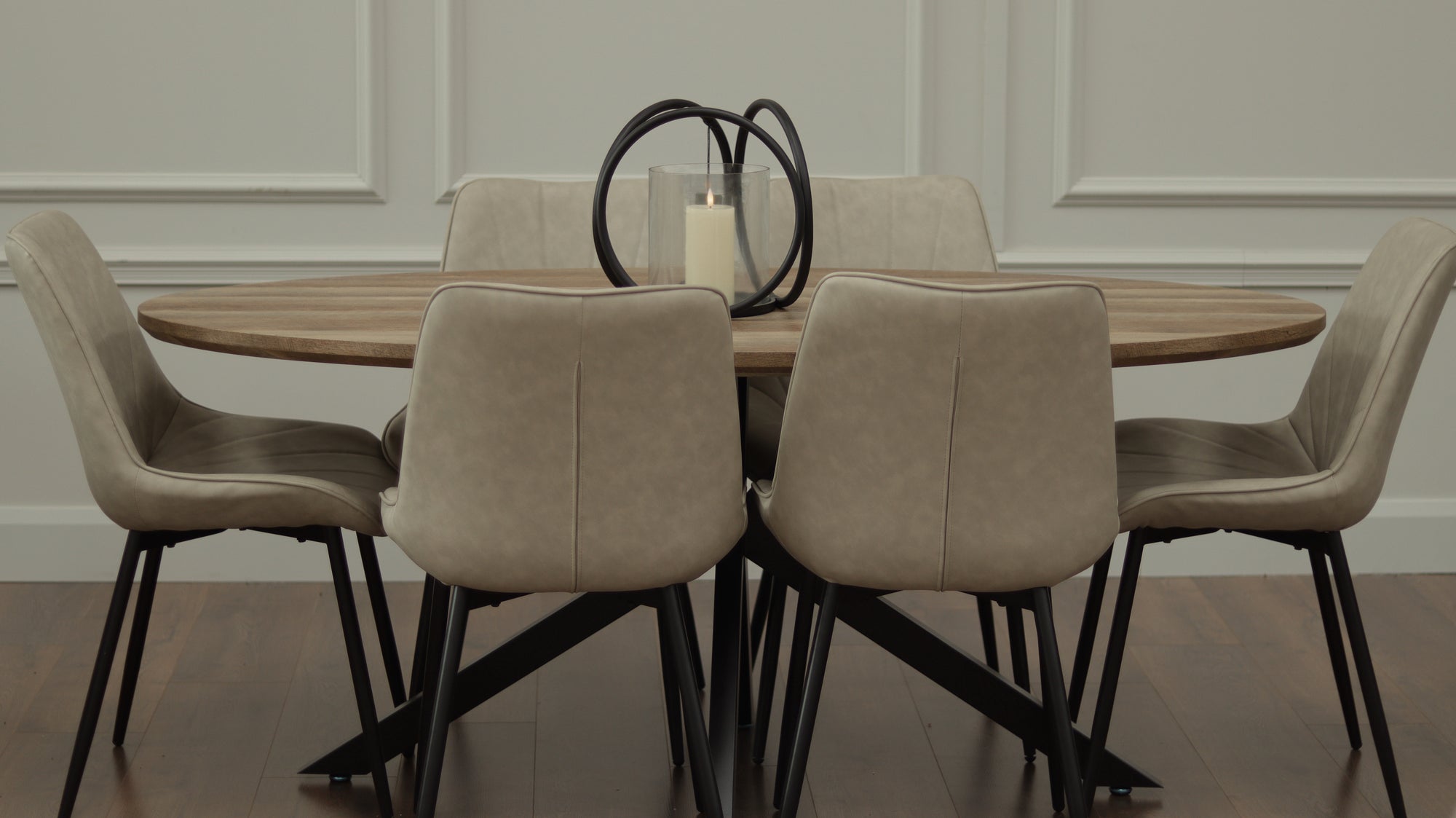 Epsom Rustic Oak 1.8m Oval + 6 Tilly Chairs Taupe PU