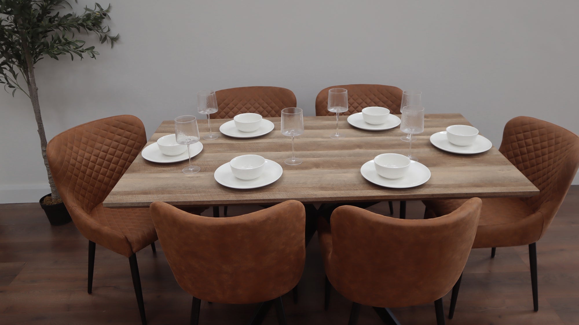 Epsom Rustic Oak 1.6m + 6 Diamond Tan Suede Chairs