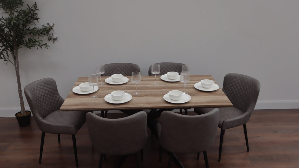 Epsom Rustic Oak 1.6m + 6 Diamond Grey PU Chairs