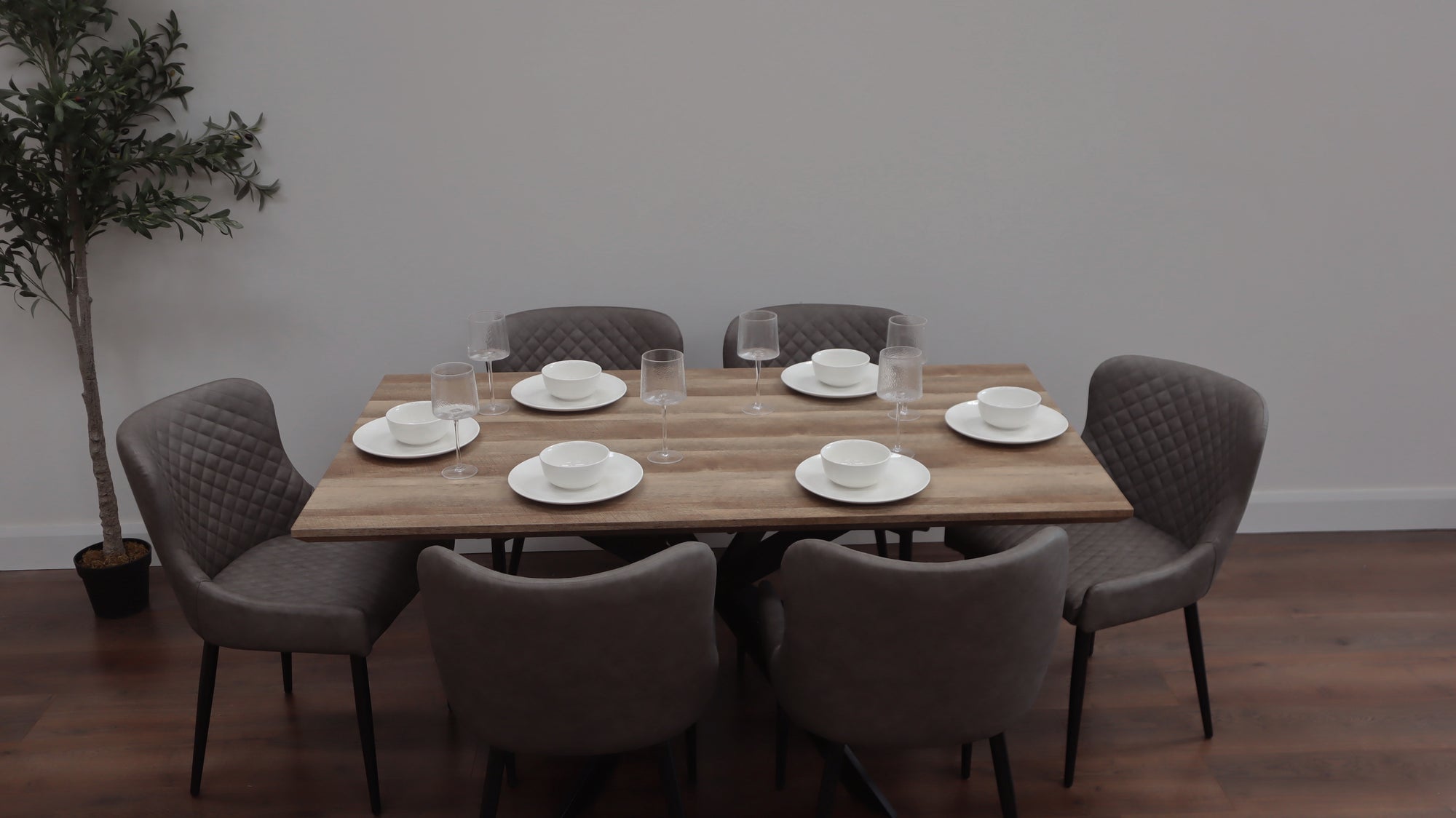 Epsom Rustic Oak 1.6m + 6 Diamond Grey PU Chairs