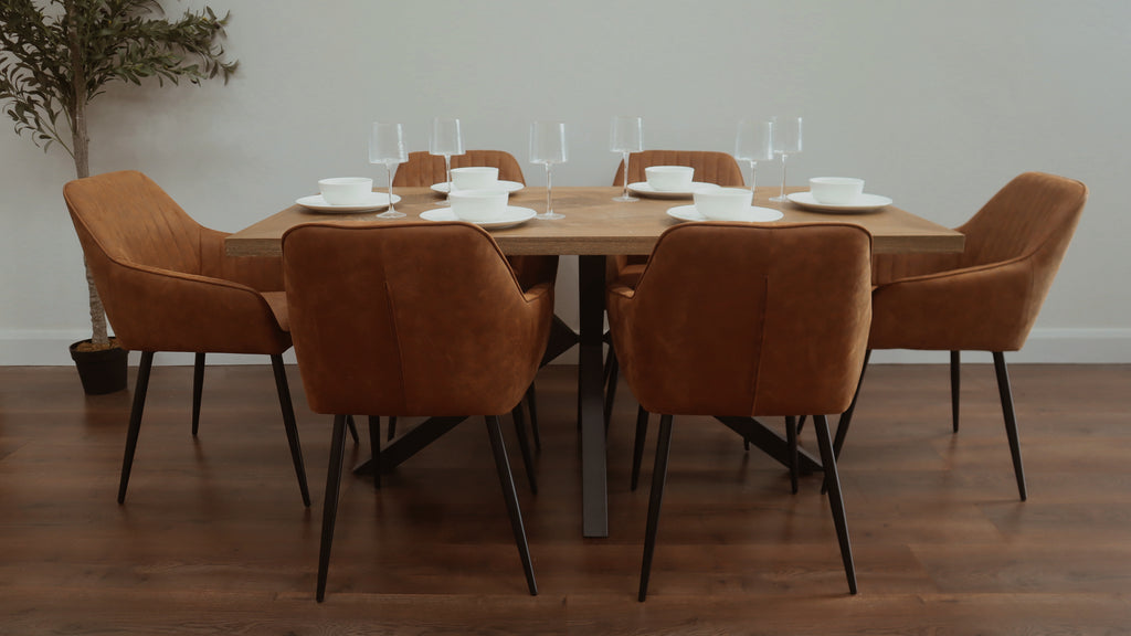 Hugo 1.6m Medium Oak Veneer+ 6 EZ Tan Suede Chairs