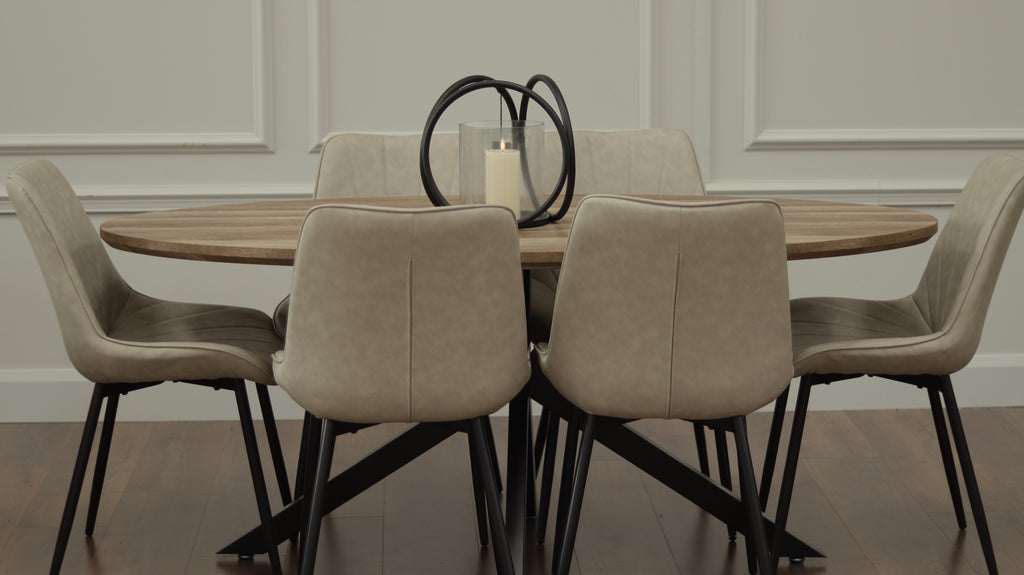 Epsom Rustic Oak 1.8m Oval + 6 Tilly Chairs Taupe PU