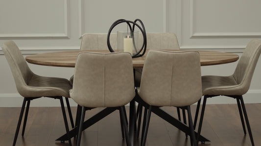 Epsom Rustic Oak 1.8m Oval + 6 Tilly Chairs Taupe PU