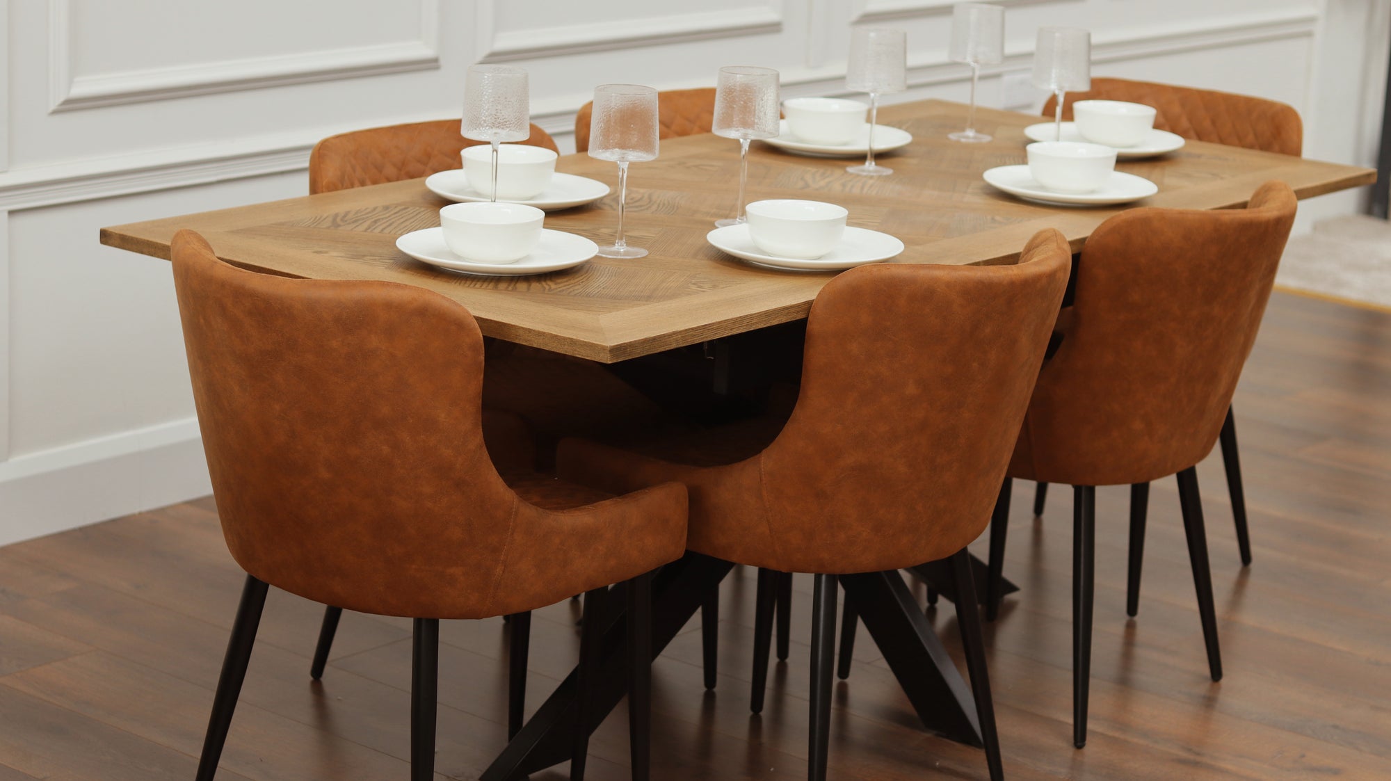 Peyton 1.6m/2m + 6 Diamond Tan Suede Chairs