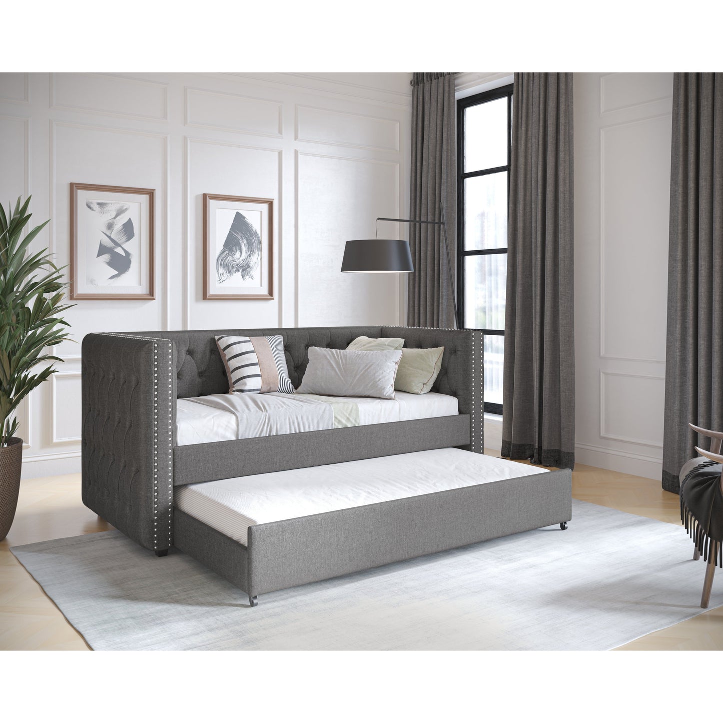 Tyler Day Bed - Grey Linen With 2 Mattresses