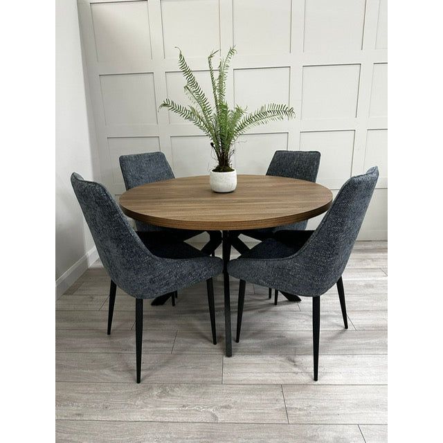 Freddy Walnut Round Dining Table Set - Grey Fabric Chairs