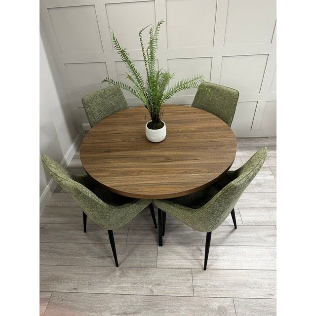 Freddy Walnut Round Dining Table Set - Green Fabric Chairs