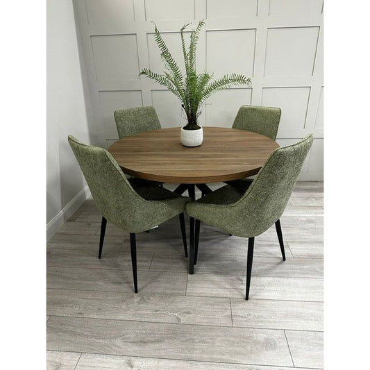 Freddy Walnut Round Dining Table Set - Green Fabric Chairs