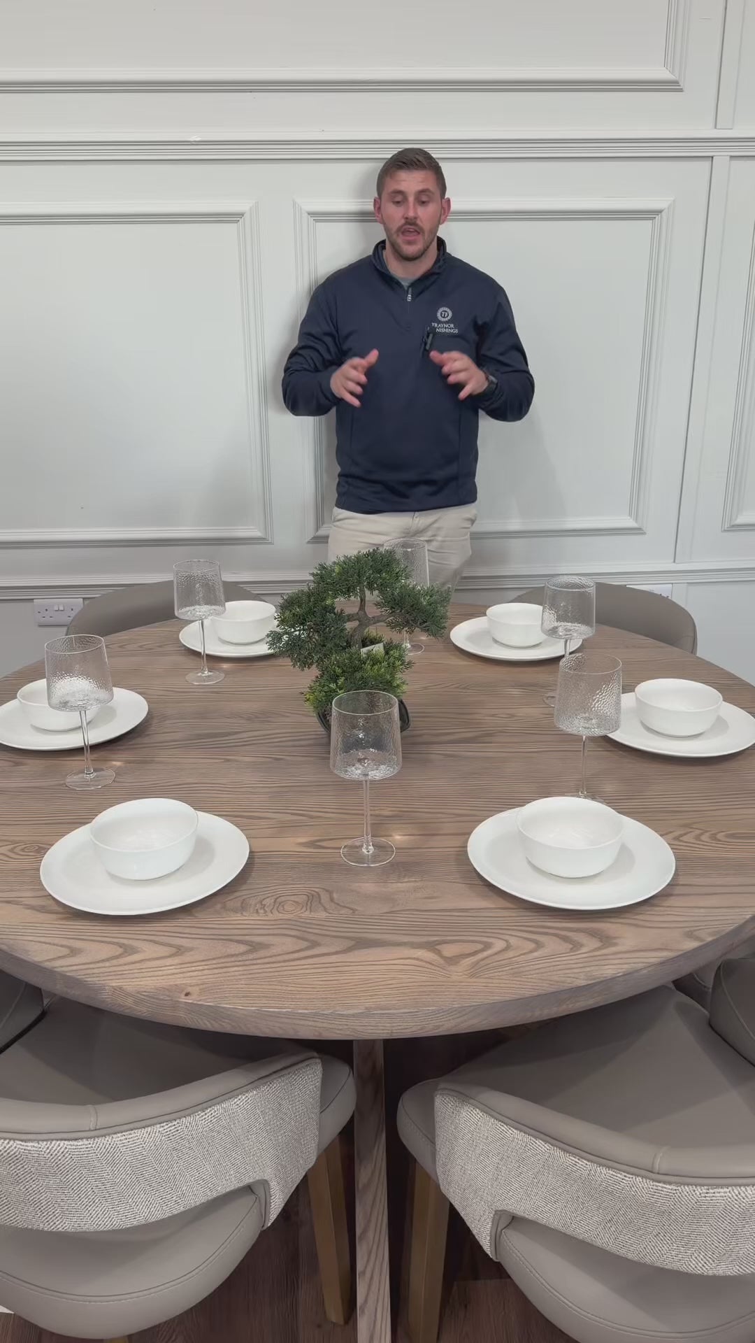 Ashley 1.5m Round Solid Oak Dining Set with 6 Willow Taupe Chairs