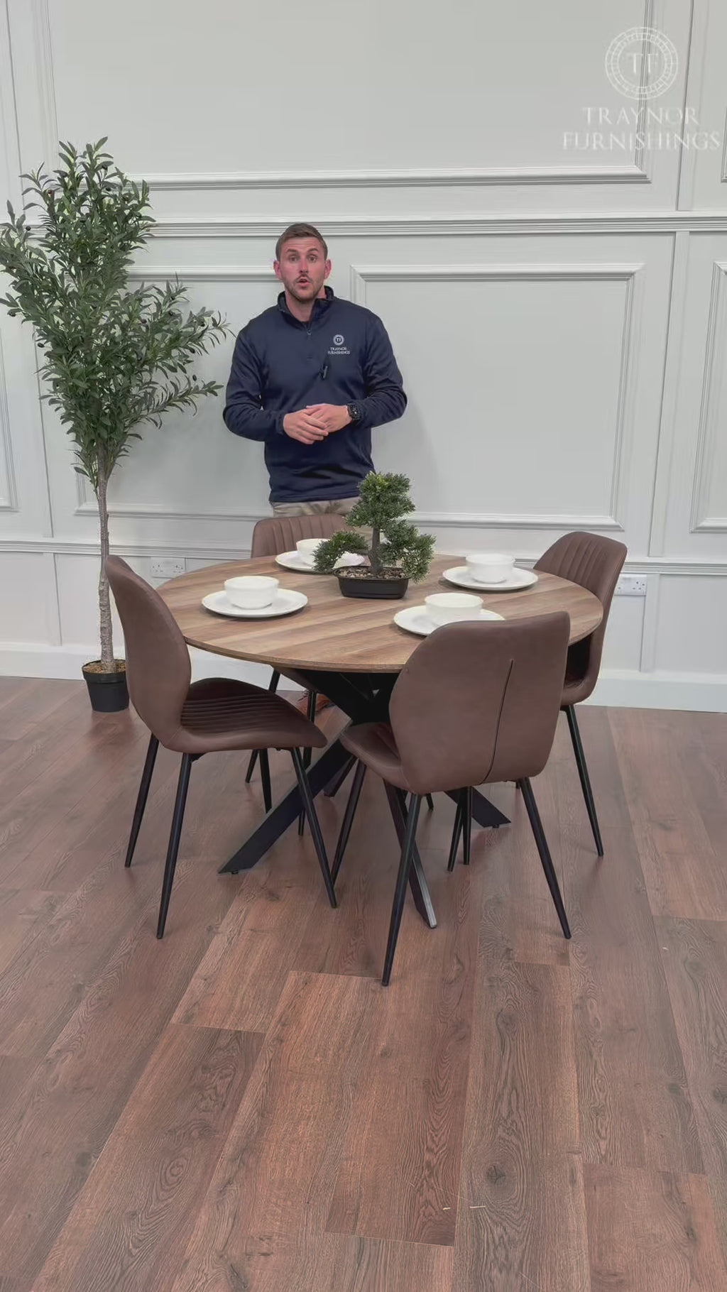 Epsom 1.2m Round Dining Table Set – Rustic Oak & Brown PU Chairs