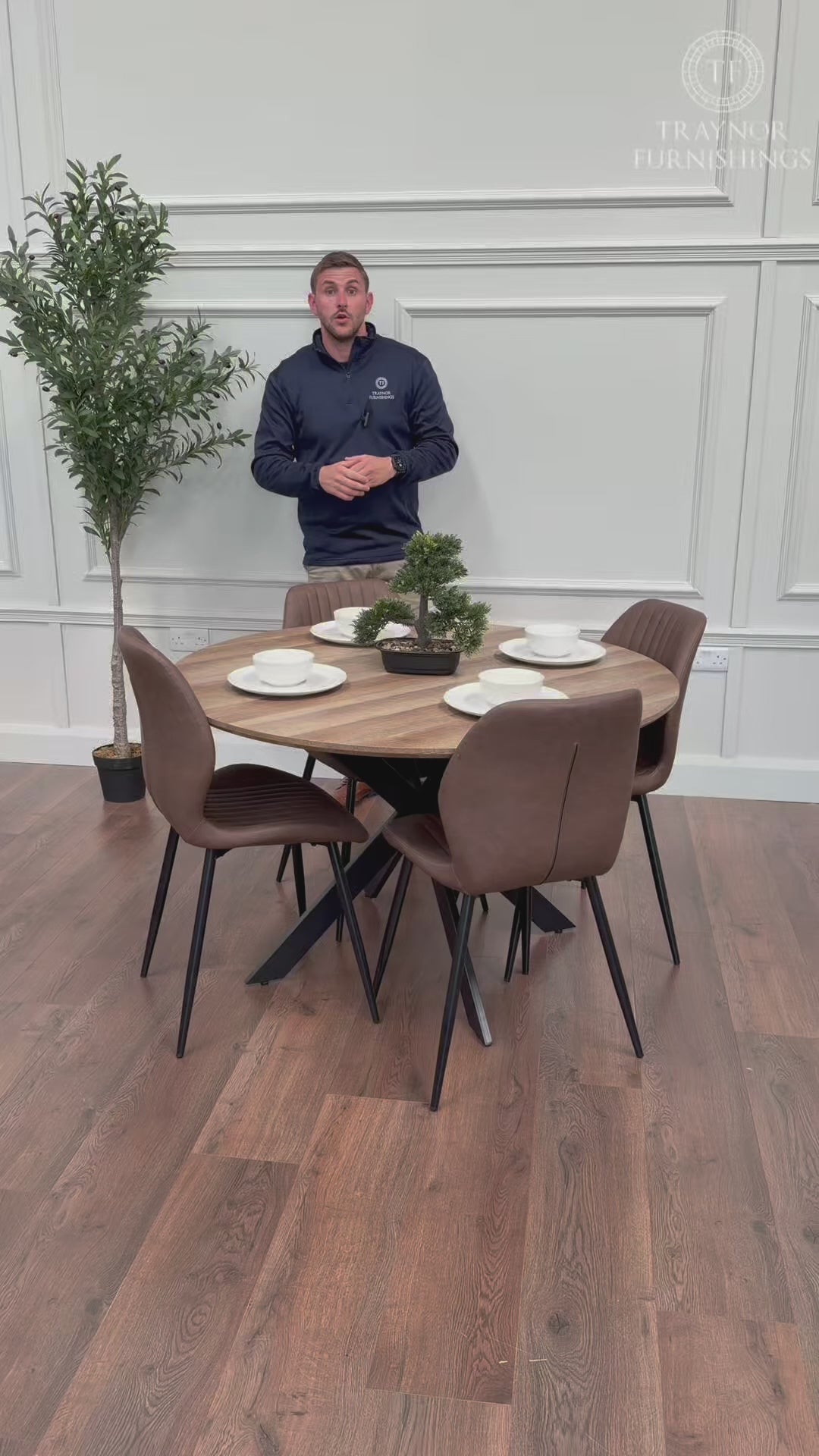Epsom 1.2m Round Dining Table Set – Rustic Oak & Brown PU Chairs