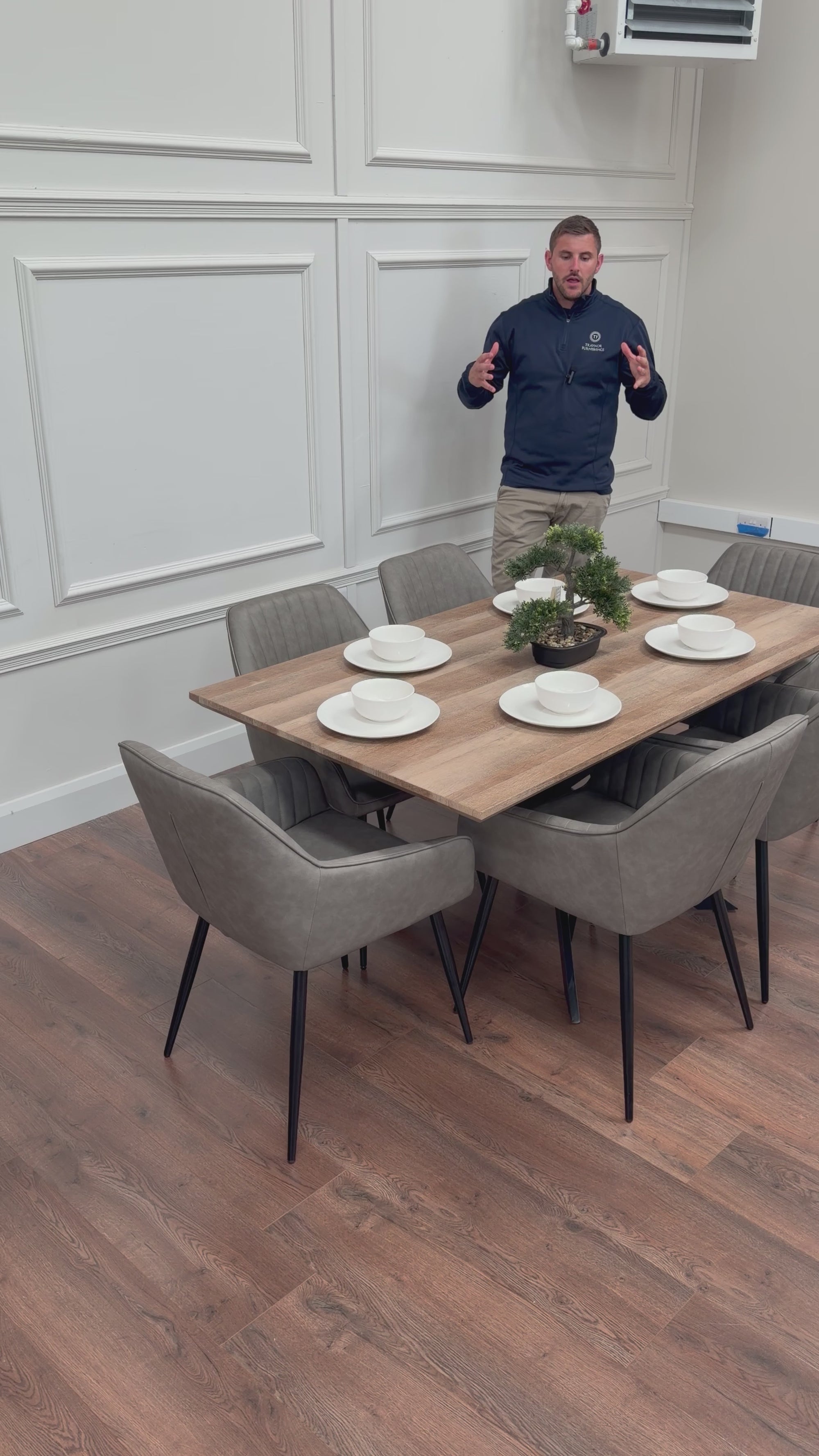 Epsom Rustic Oak 1.6m + 6 EZ Chairs Smoke Grey PU