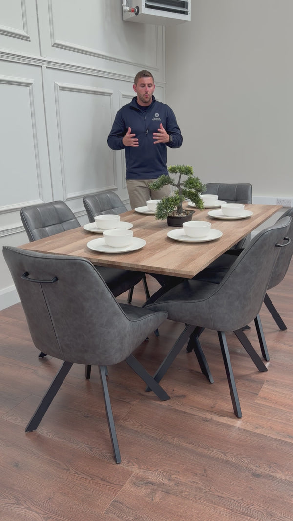 Epsom 1.6m Rustic Oak + 6 Pedro Charcoal Grey PU Chairs