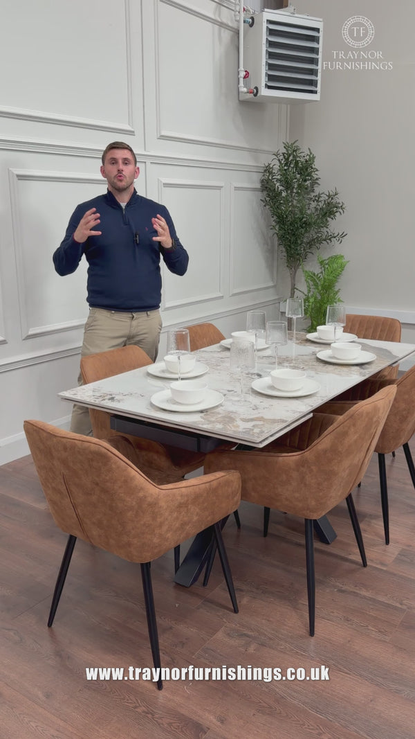 Sorrento Sintered Stone Extending Dining Set + 6 EZ Tan Suede Chairs