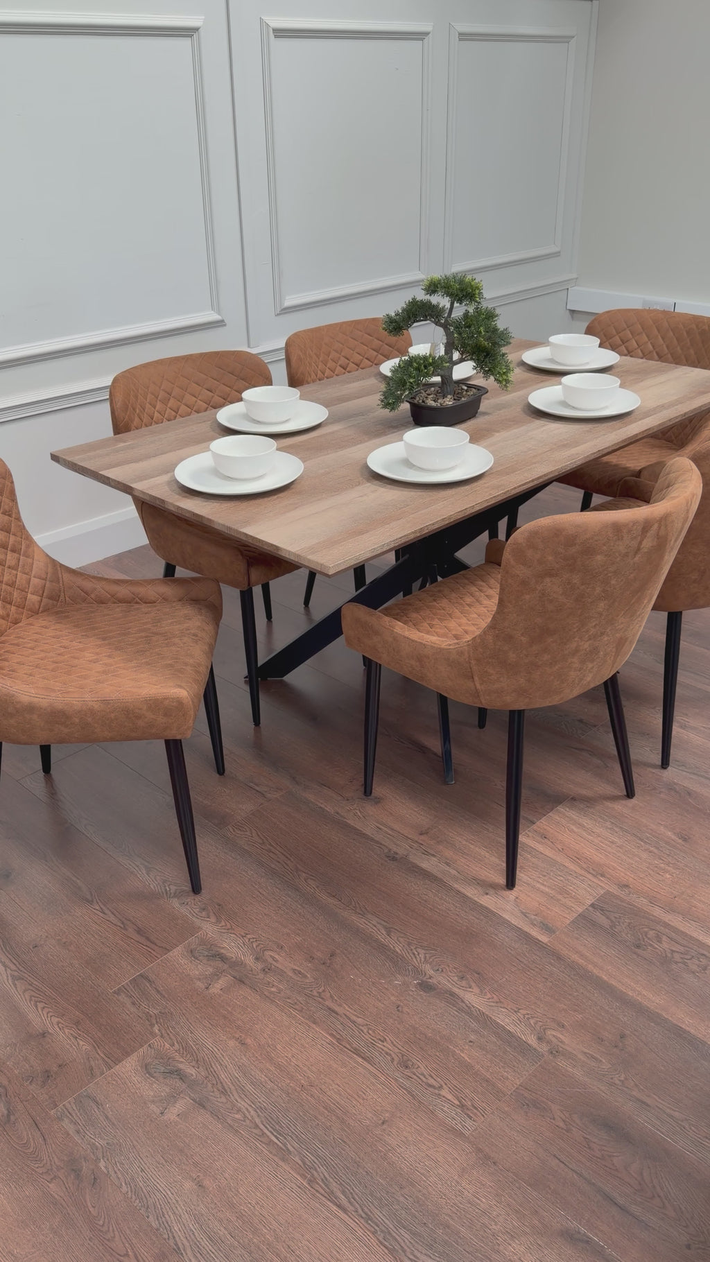 Epsom Rustic Oak 1.6m + 6 Diamond Tan Suede Chairs