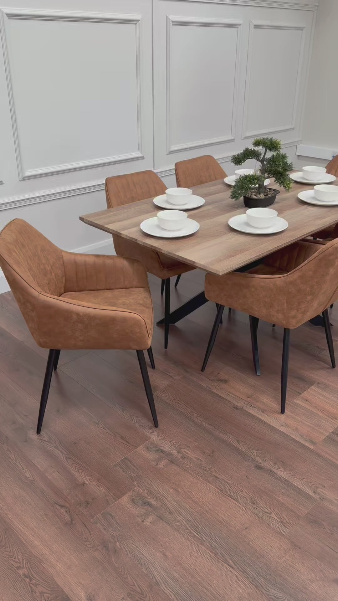 Epsom Rustic Oak 1.6m + 6 EZ Tan Suede Chairs