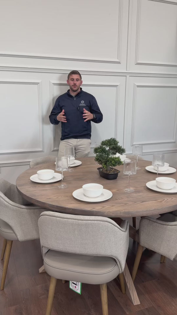 Ashley 1.5m Round Solid Oak Dining Set with 6 Pisa Taupe Chairs