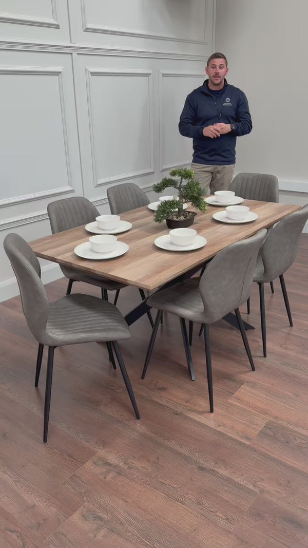 Epsom Rustic Oak 1.6m + 6 Lyra Chairs Grey PU