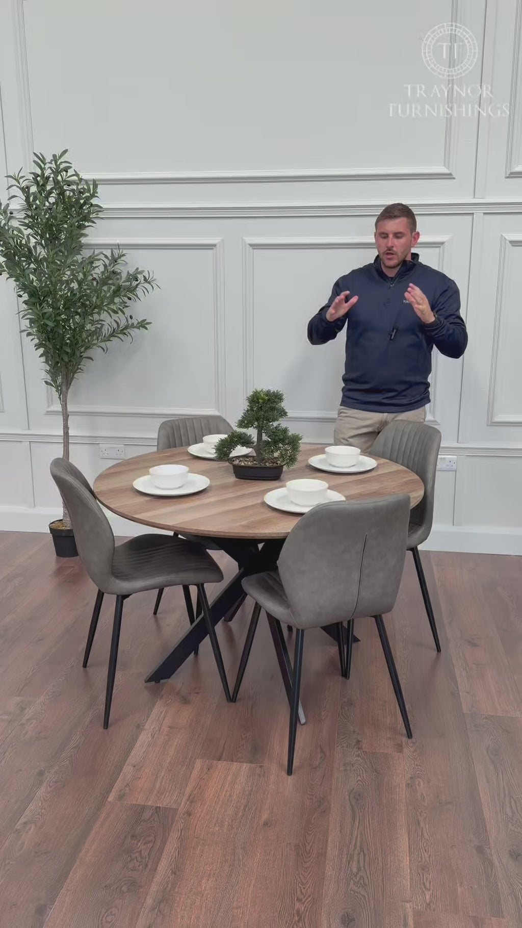 Epsom 1.2m Round Dining Table Set – Rustic Oak  & Lyra Grey Chairs
