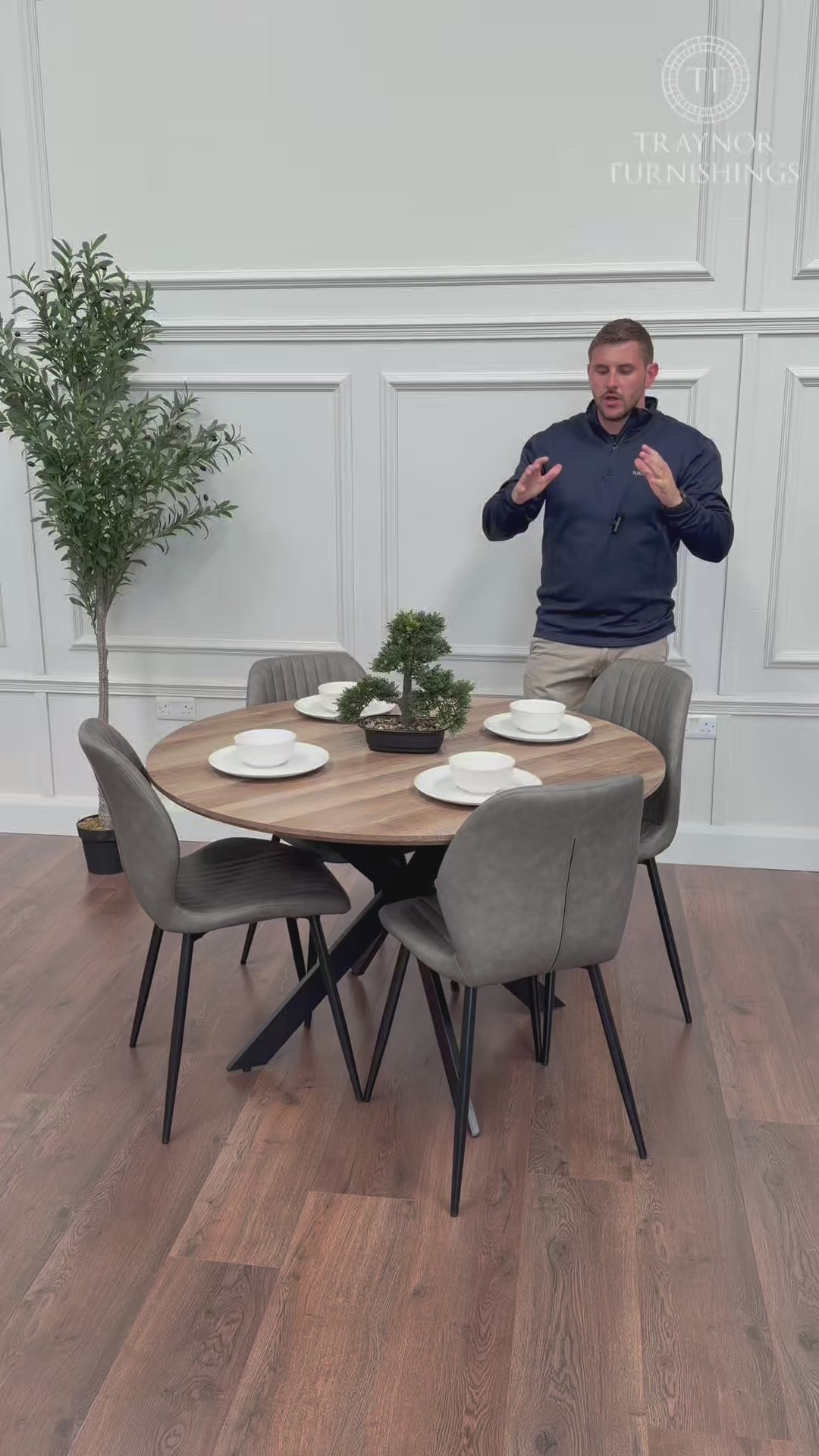 Epsom 1.2m Round Dining Table Set – Rustic Oak  & Lyra Grey Chairs