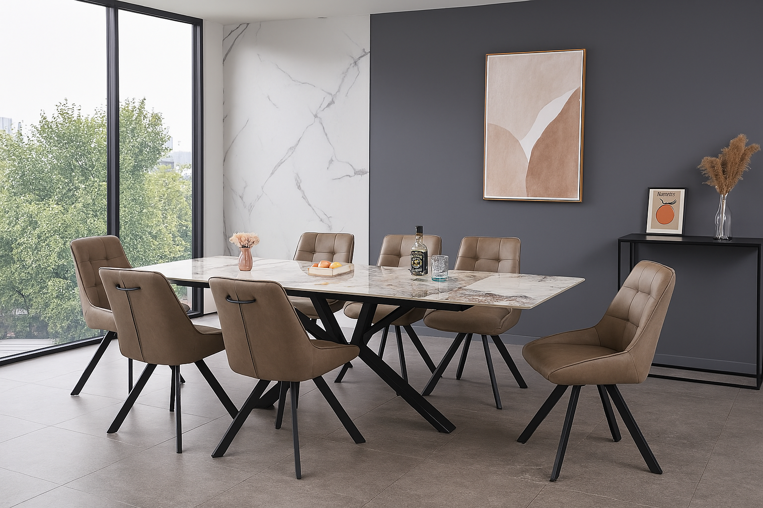 Positano Extendable Table 160-240cm - Gold/Grey + 6 Pedro Chairs