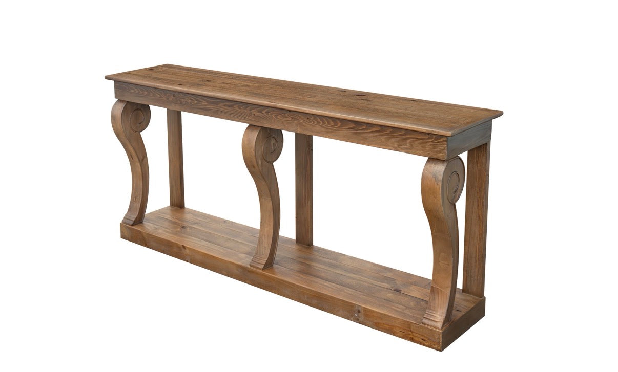 Montclair Scroll Console Table – Reclaimed Wood, Cashew Oak