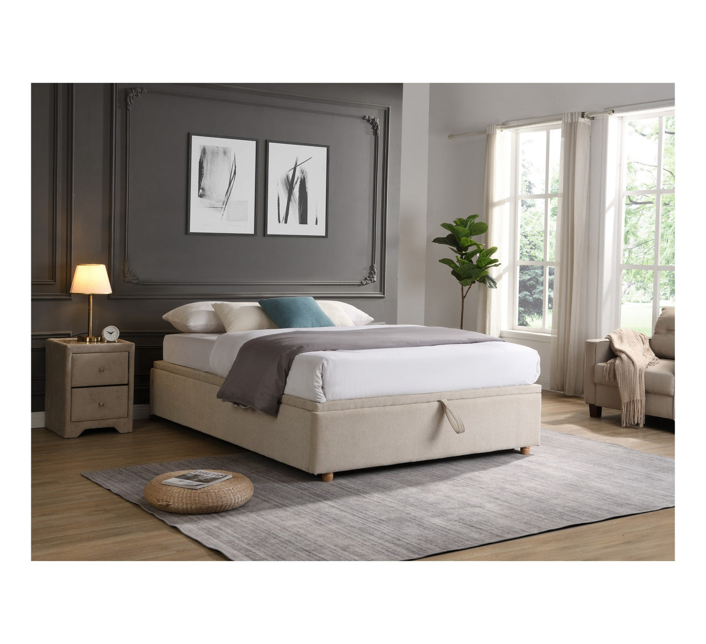 Sky  King Size Gas lift Bedframe - Beige Linen