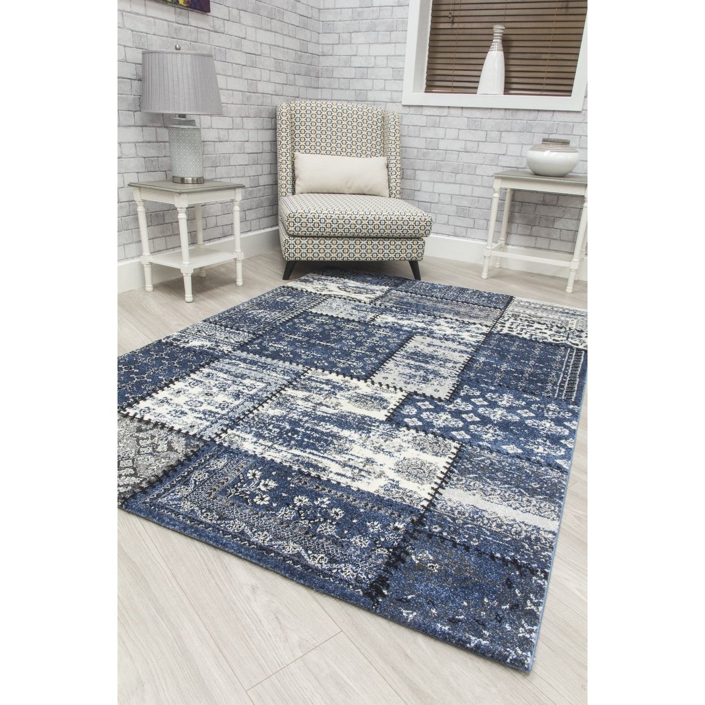 Navy Grey Patchwork Rug - Antika